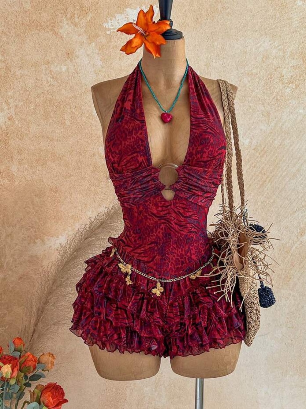 Red Halter Ruffled One-Piece - Women